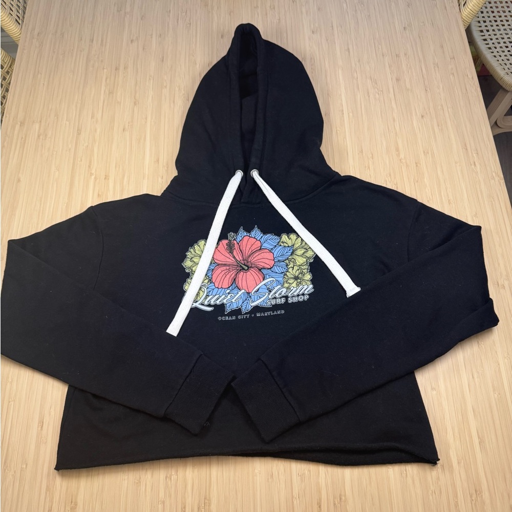 Quiet Storm Surf Shop Ocean City Maryland MD Black Cropped Hoodie Floral Graphic